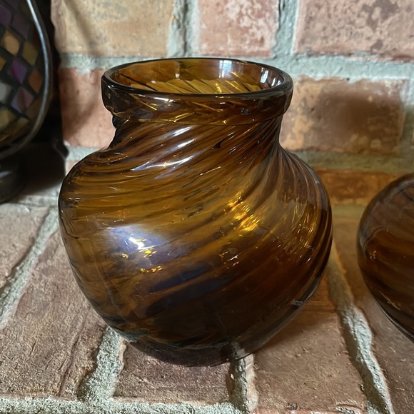 Vtg Hand Blown Amber Optic Swirl Glass Vase Trinket Bowl Set of 2 - Picture 2 of 11